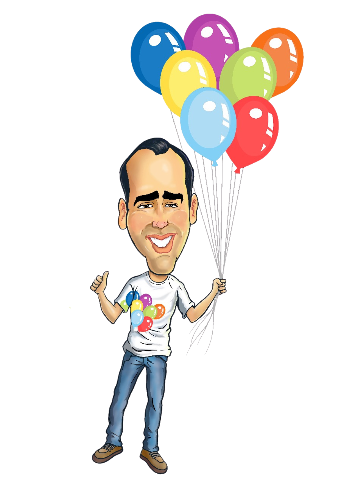 Caricatura segurando balões coloridos